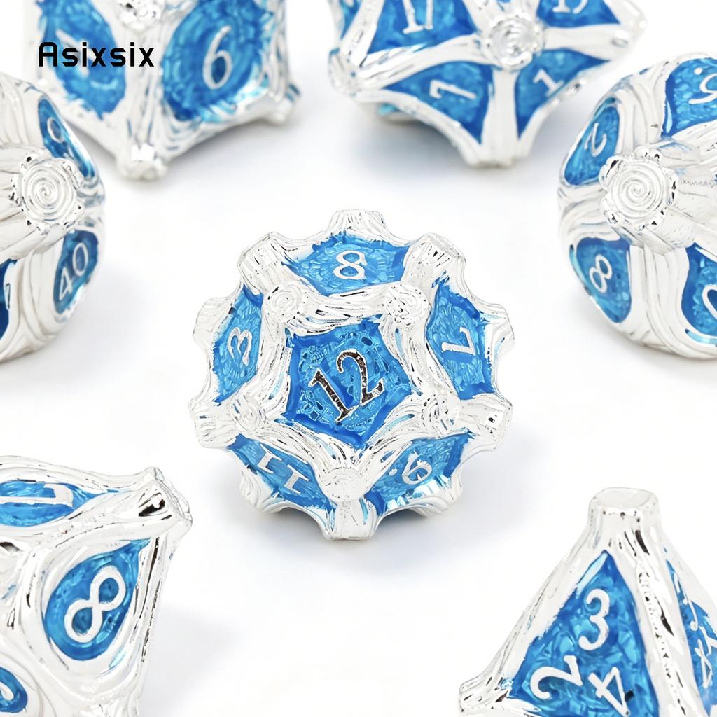 7 Pcs White Blue Tree Vine Metal Dice Solid Metal Polyhedral Dice Set Suitable for Role-Playing RPG Board Game Dice RPG