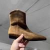 Vintage Frosted Pointed Skinny Boots Women's Winter Fleece Coarse Heel Western Cowboy Martin Boots