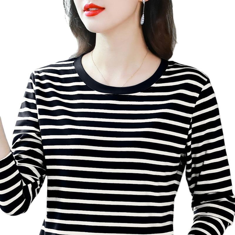 Breathable Cotton Long Sleeve Tshirt Women Loose Fit Simple Striped Casual Top Autumn