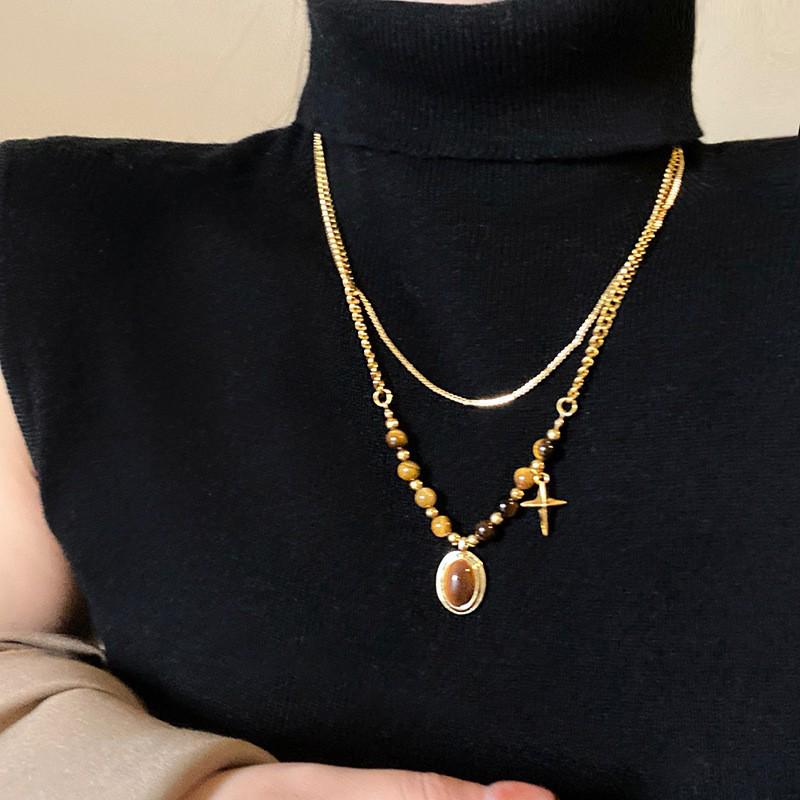 18k vergoldete Tigerauge Perlenanhänger Halskette - Retro Schlüsselbeinkette für Herbst/Winter.