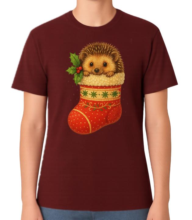 Cute Hedgehog Stocking Unisex T-Shirt Merry Xmas Men Ladies Top Christmas Tee 4XL
