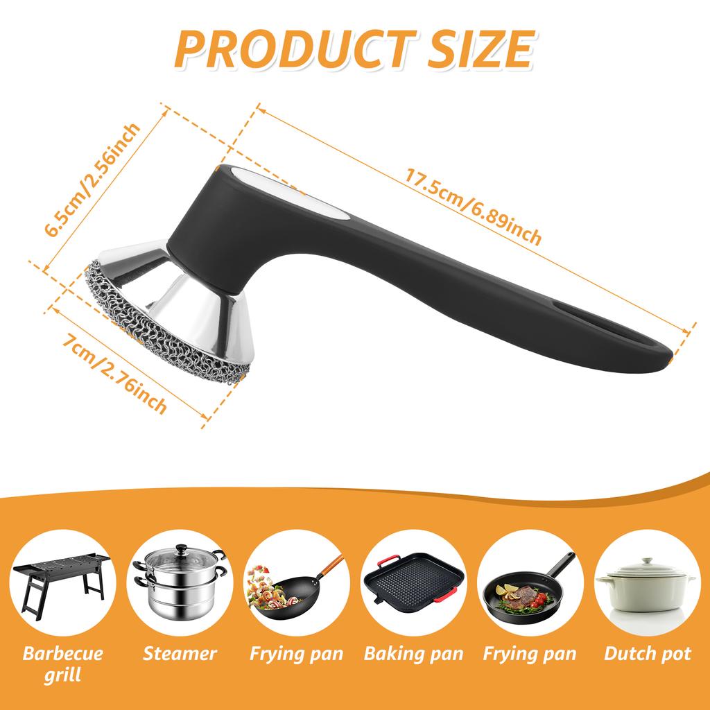 Cast Iron Scrubber Stainless Steel Skillet Cleaner with Silicone Long Handle Efficient Chainmail Scrubber Kitchen Cleaning Tools