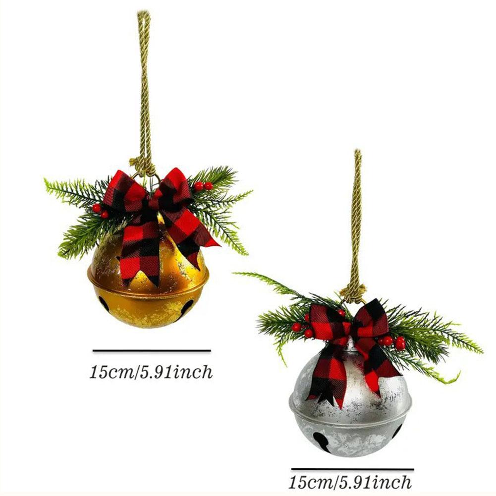 Holiday Season Metal Christmas Bells Ornament Featuring Holly Berry and Bow for Tree Door and Party Decorations