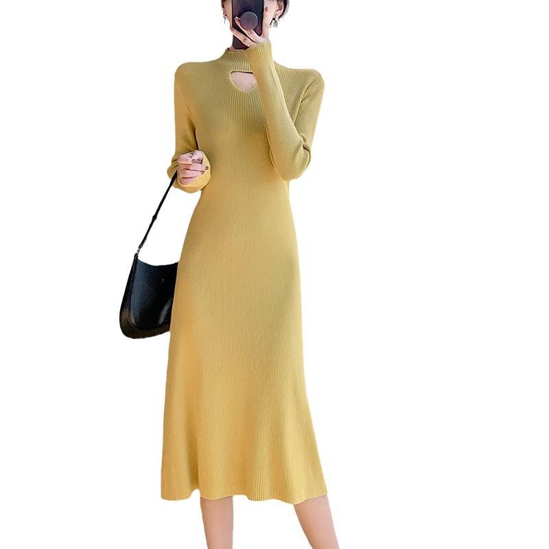 Temperament Elegant Style Semi-turtleneck Knitted Primer Dress Women's Autumn and Winter Medium and Long Slim-fitting Knitted Sweater Skirt