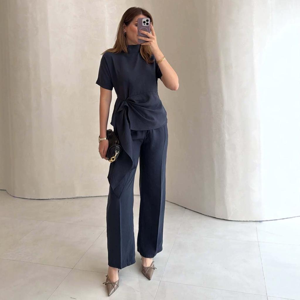 European and American Cross-border Amazon Independent Station Spring and Autumn New Short-sleeved Stand-up Collar Streamer Top Straight Trousers Set