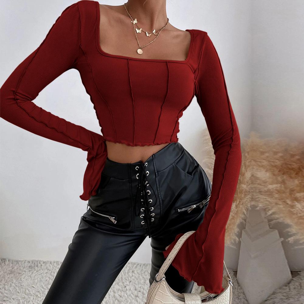 2024 Spring/Summer Women's Slim-Fit Long-Sleeve Square-Neck Pullover Knitted Top