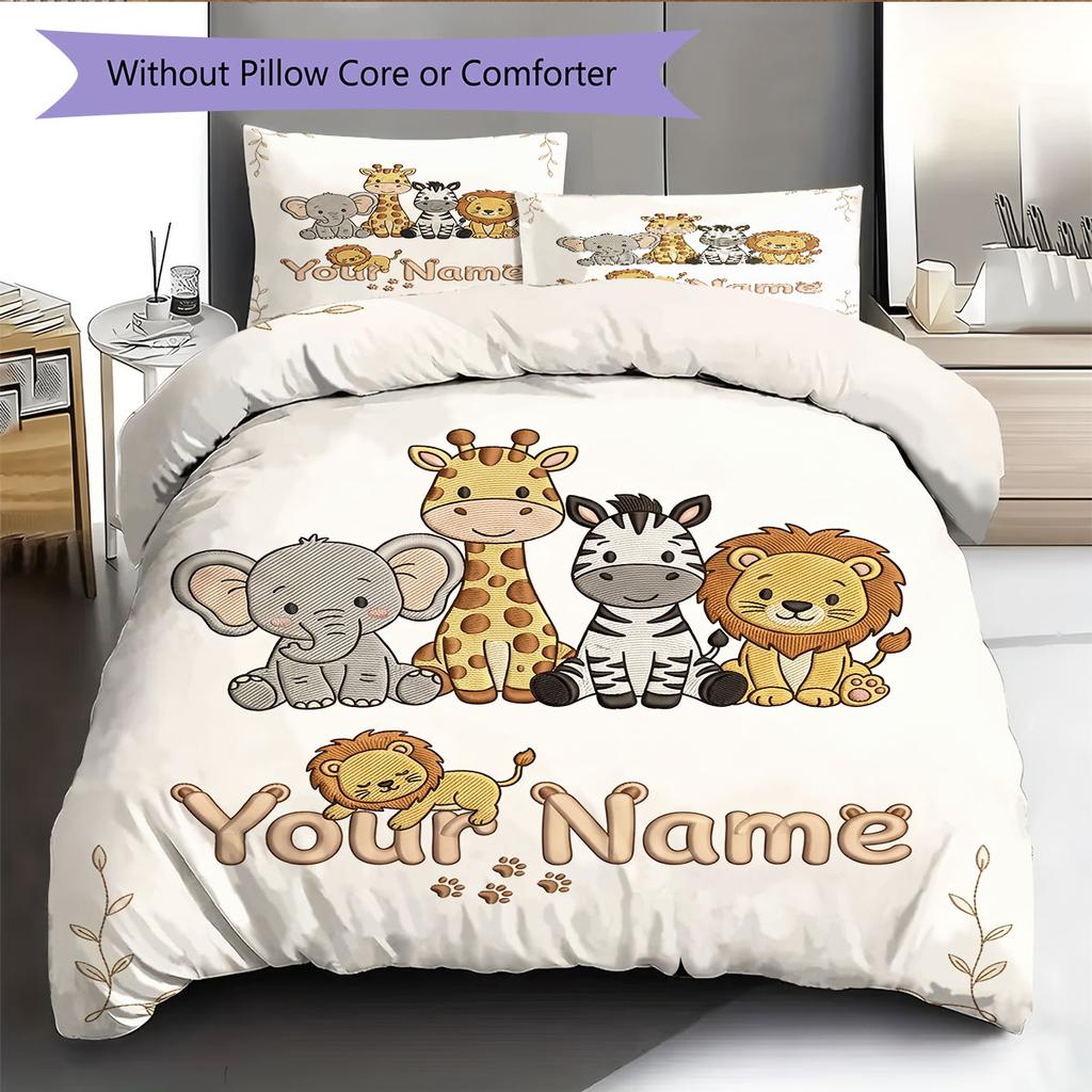 Custom Name,Cute Safari Animal Series Pattern Bedding Home Decoration Birthday Gift ( 1 Duvet Cover + 2 Pillowcase, Without Core),fan Merchandise.