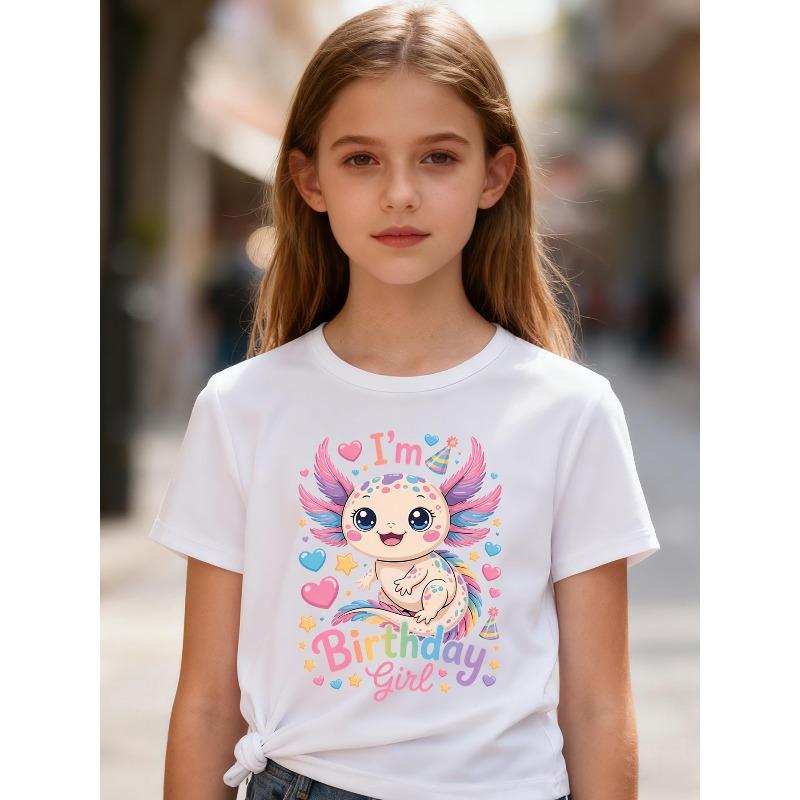 Girls I'M Birthday Girl Axolotl Print Crewneck Short Sleeve Tee, Kids Birthday Party Gift T-shirt