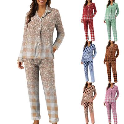 Women's Casual Fashion Plaid Patchwork Print Long-Sleeved Trousers Homewear Set