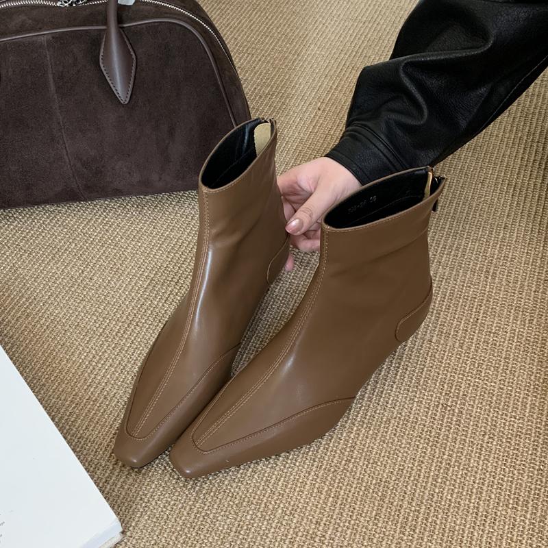 

Fashion SUOJIALUN 2025 New Brand Women Shor Boots Thin Med Heel Ladies Elegant Ankle Boots Round Toe Fashion Outdoor Dress Chelsea Boots 39 коричневый