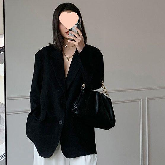 Women's Black Sense Blazer - Korean British Style Influencer, Plus Size, Spring/Autumn Professional Wear