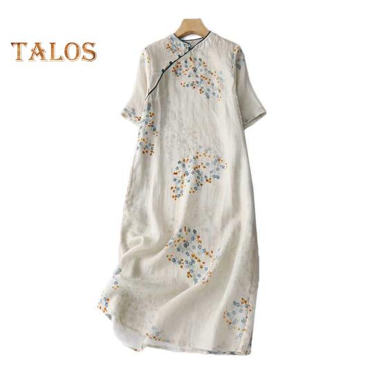 

Винтажный цветочный принт миди чонсам ципао платье для женщин свободное платье в китайском стиле с коротким рукавом и карманами для свадьбы M белый