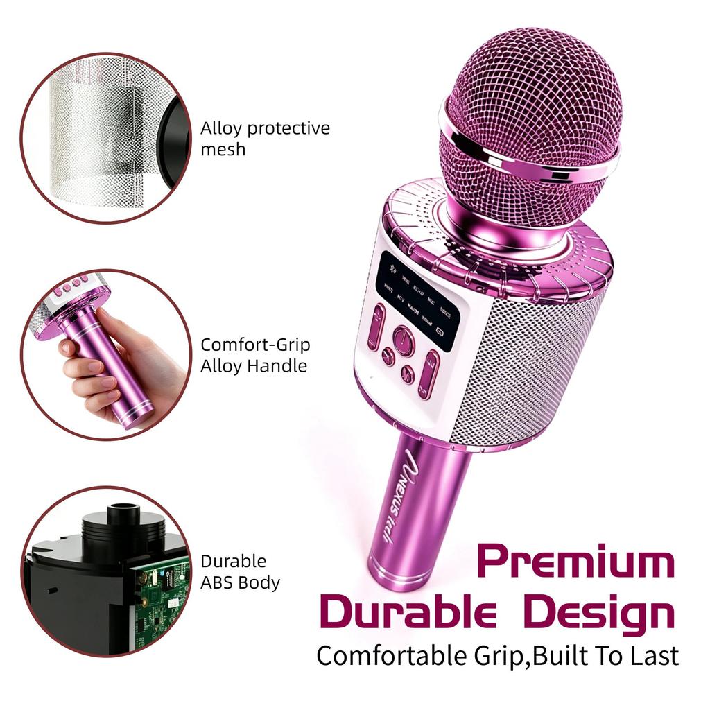 Wireless Karaoke Microphone with Speaker, RGB Light Sync, 5W Dual Speaker, 5 Voice Effects, 4 Modes, Bluetooth/AUX/TF, Party Home KTV Mic