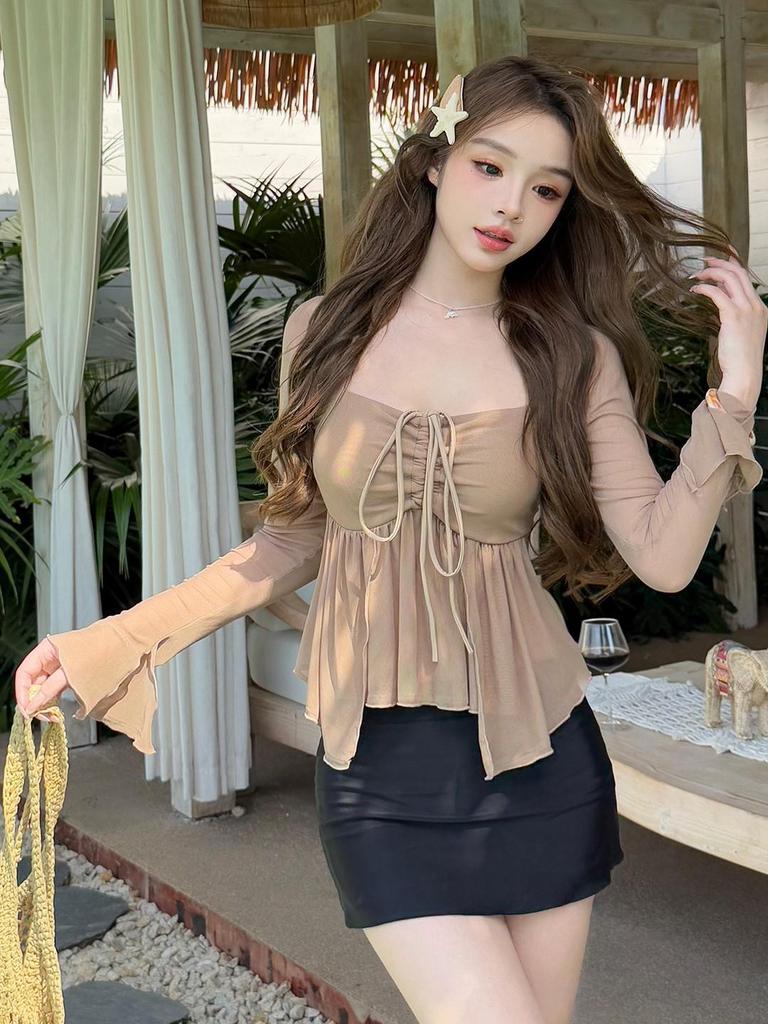 Korean Style 2026 Women's Flattering Slim Long Sleeve Swimsuit with Skirt and Sun Protection