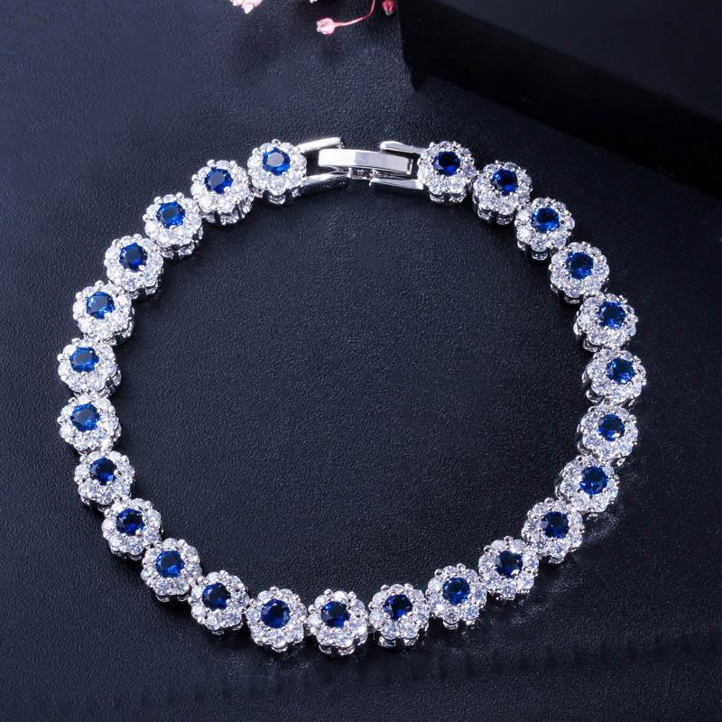 

Pera Sparkling Colorful Cubic Zirconia Silver Color Cute Flower Chain Link Bracelets for Women Prom Party Jewelry Gift B153 синий