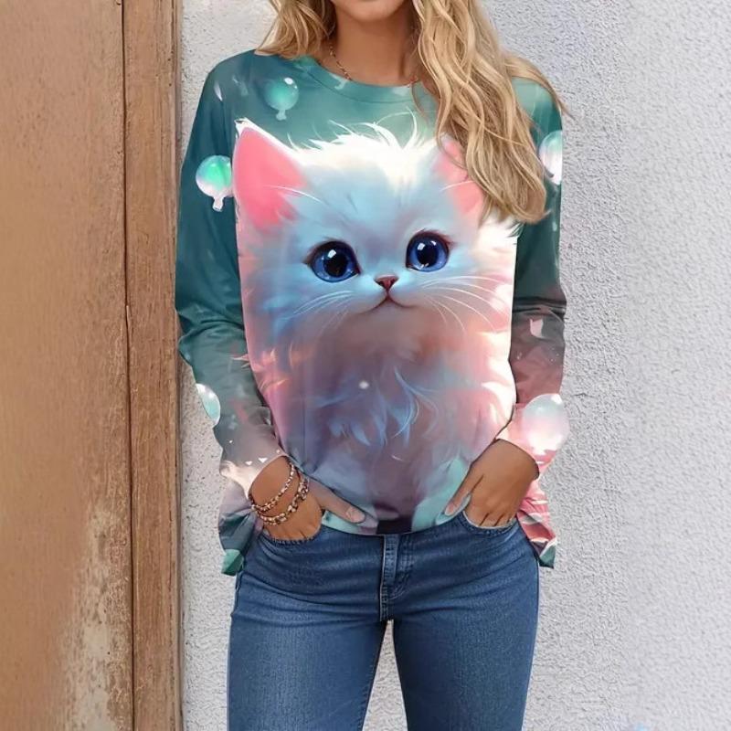 Round Neck 3D Cat Printed Top Casual Long Sleeved Women's T-shirts - Soft Medium Stretch Polyester Fabric Spring and Autumn Relaxed Fit Clothing