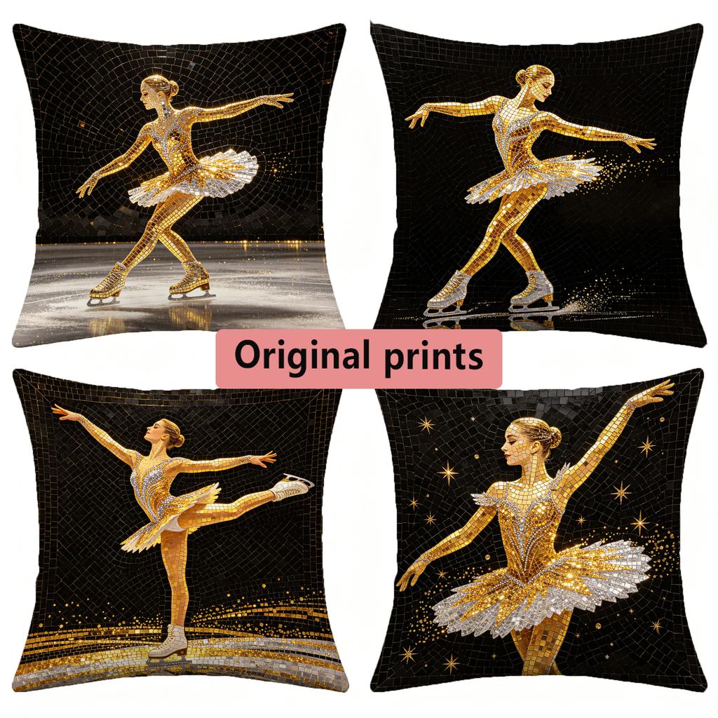 Golden Figure Skating Mosaic Throw Pillow Covers Pattern Cushion Cover Suitable For Sofa Bedroom Car Pillow Cover