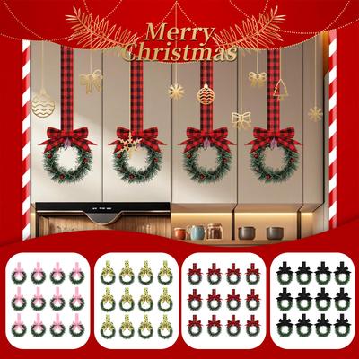 Weihnachts-Küchenschrank-Kränze mit karierten Schleifenbändern zum Aufhängen an Schranktüren, dekorative Kränze für Küchenfenster, Außen- und Innen-Feiertagsdekoration