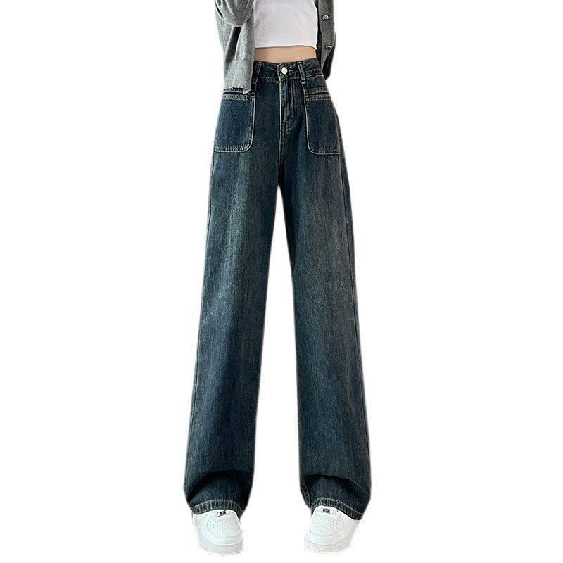 Retro Blue Wide-Leg High-Waisted Jeans for Women, Hong Kong Style, Floor-Length Slimming Pants 2XL
