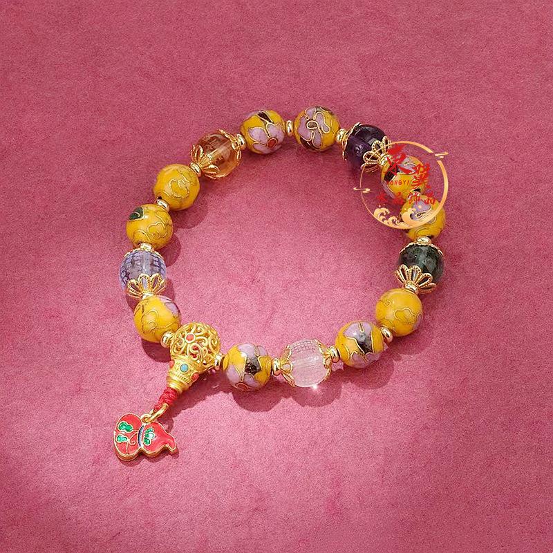 Yellow Cloisonné Prosperity Gourd Bracelet with Heart, Luck-Turning Beads, Fortune, Longevity, Ash Glaze, and Gold Foil.
