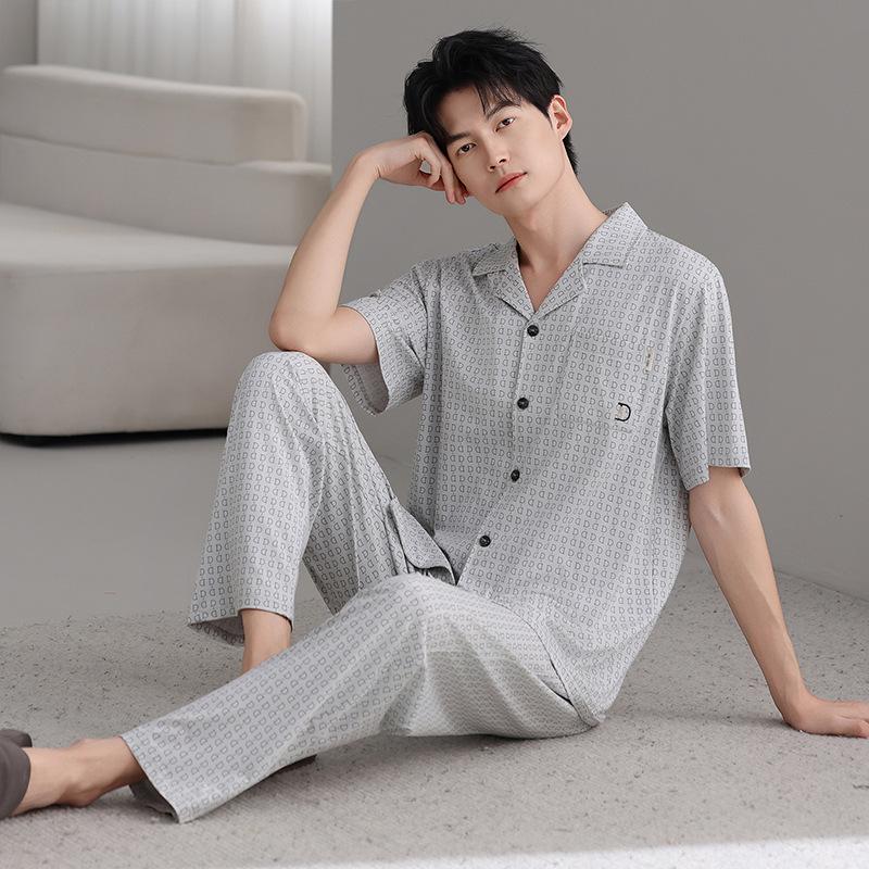 Modal men's pajamas summer thin short-sleeved trousers cold silk cool casual large size dad loungewear set