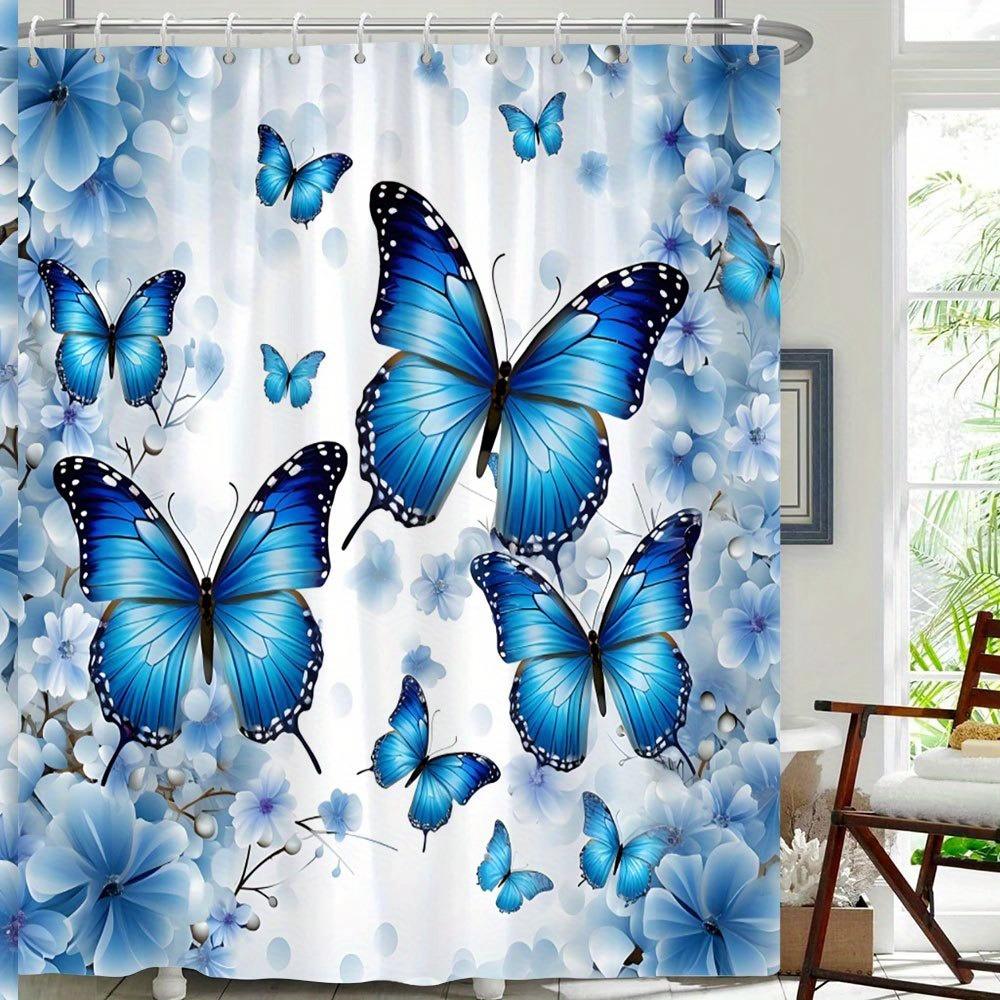 Helderblauwe Vlinders en Bloemen Douchegordijn Wasbaar Vuilafstotend Douchekop Waterdicht Polyester Badkamer Gordijn