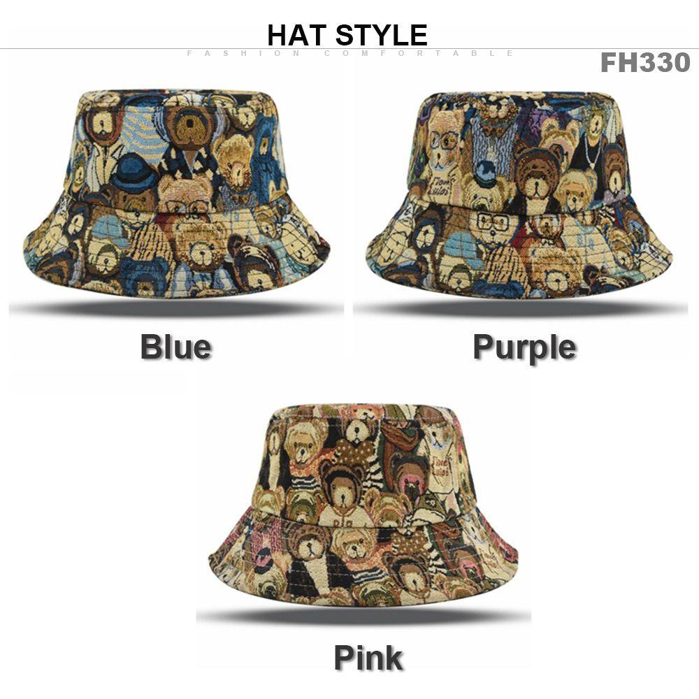 Cartoon Little Bear Fisherman Hat Cotton Hemp Cloth Jacquard Sun Protection Hat Foldable Face Covering Sun Caps Girl