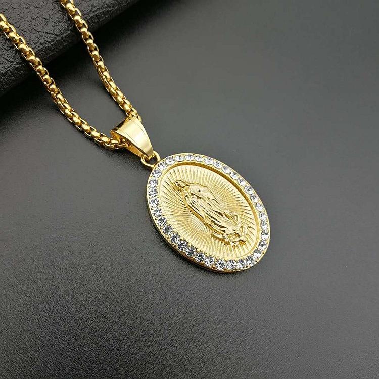 Jungfrau Maria Gebet Anhänger Halsketten Goldfarbe 316L Edelstahl mit Strasssteinen Schmuck für Damen/Herren