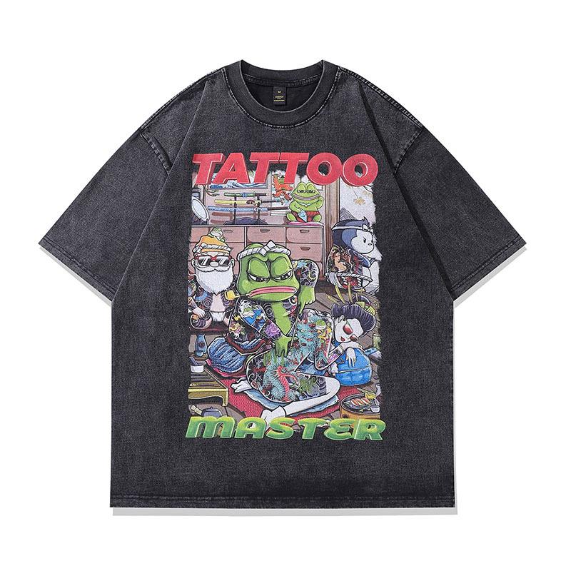 Hiphop Street Fun Cartoon Print T-Shirt Men'S And Women'S Short-Sleeved American Washed Old Half-Sleeved Backing Tee