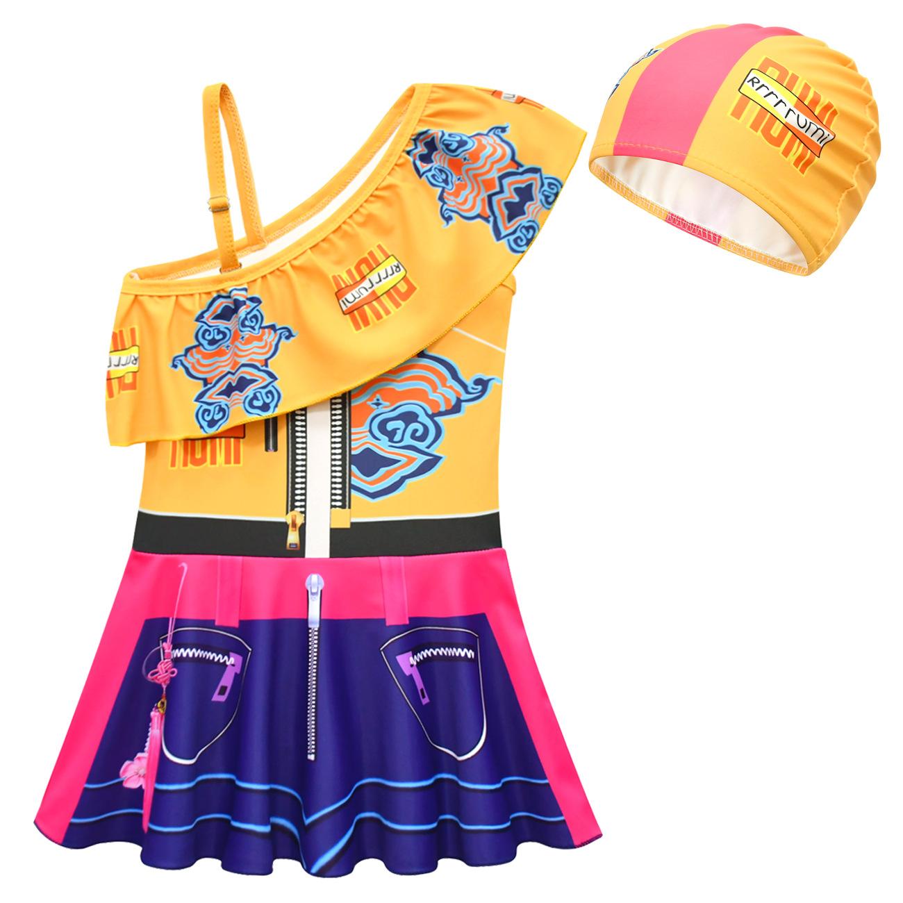 2pcs/set Kids Girls  One-Shoulder One-Piece Swimsuit Swim Cap New Summer Children s One-Piece Skirt Swimsuit Beachwear 20689 100 чёрный