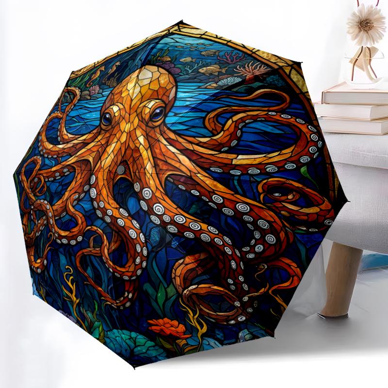 1pc Sturdy 8-Bone Auto Umbrella, Mystic Octopus Flow Umbrella, Digital Printed, Foldable Umbrella for On-the-Go Outdoor Use