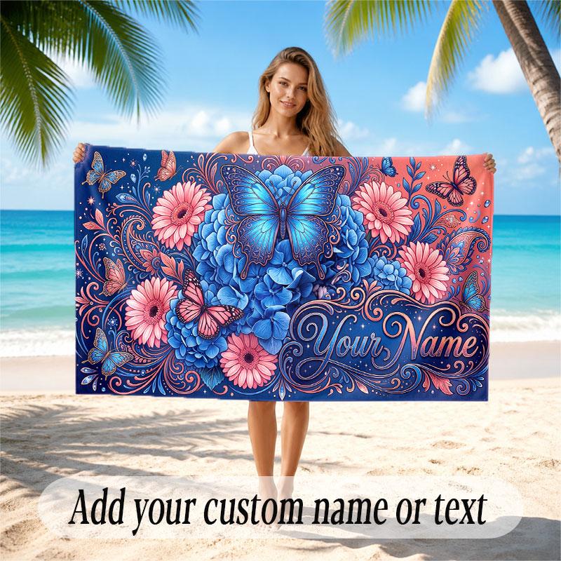 Butterfly Theme Soft Beach Towel Personalized Custom Name Text Towel Portable for Beach Pool Travel