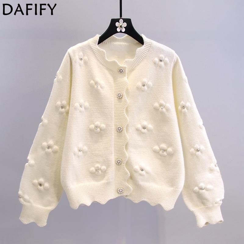 DAFIFY Women's Fashion Casual Fall Winter Solid Color Print Long Sleeve V-Neck Sweaters