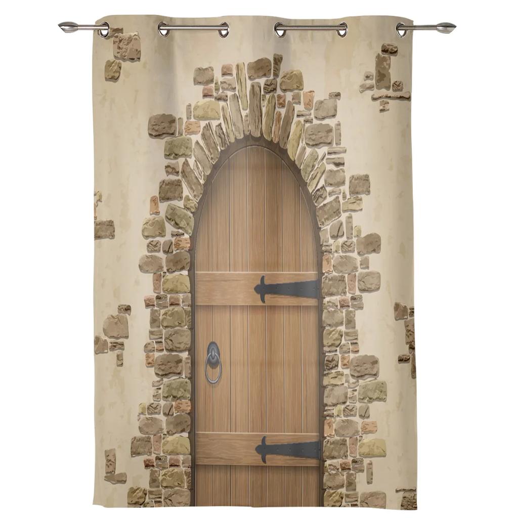 Door Stone and Brick Vintage Window Curtain Drapes Home Decor Living Room Spaces Curtains Kids Room Cortinas Wooden Brown For Kitchen Spaces Bedroom