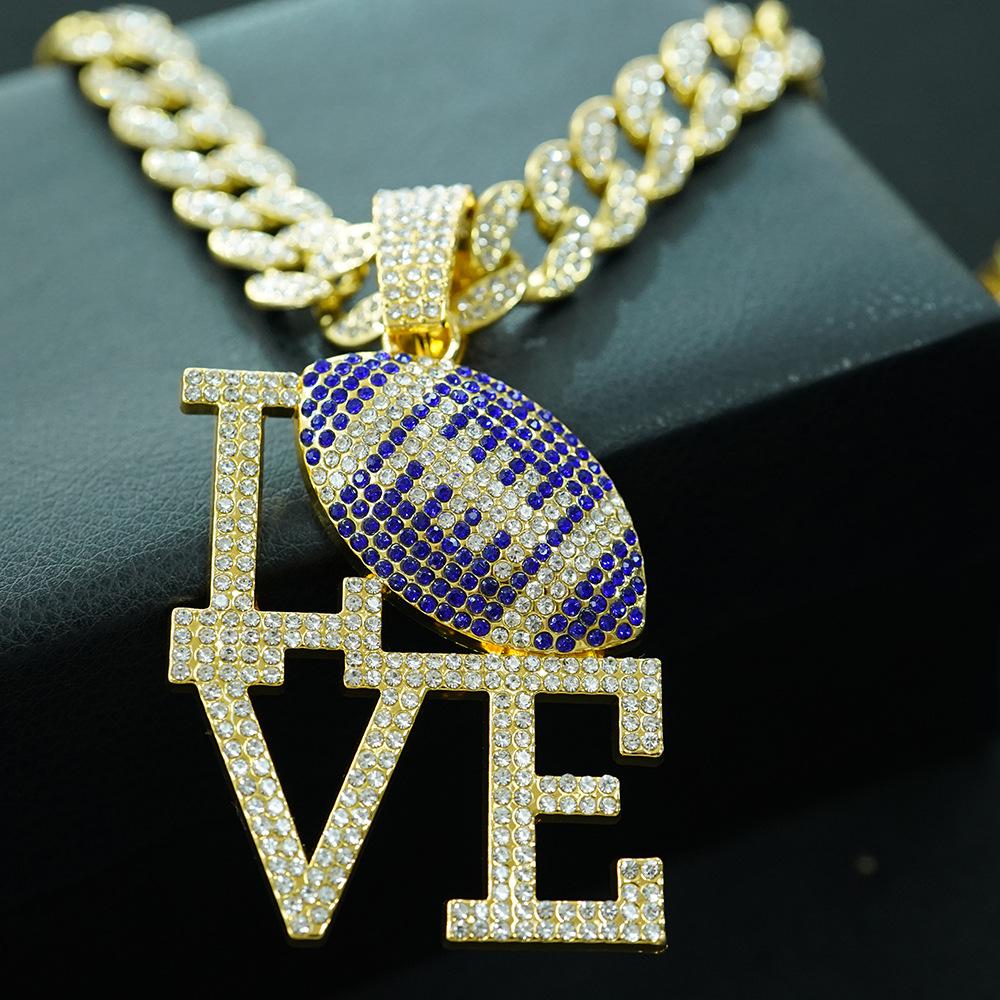 Fashionable Men's Colorful Diamond LOVE Rugby Alloy Pendant, European and American Hip-hop Men's Necklace, Personalized and Colorful