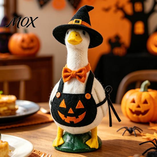 Whimsical Outdoor Decoration Halloween Mini Desk Goose Statue, Cute Small Figurine with Yard Art Pumpkin Apron And Wizard Hat for Home Office