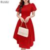 ZANZEA Women Summer Round Neck Casual Puff Short Sleeve Dress