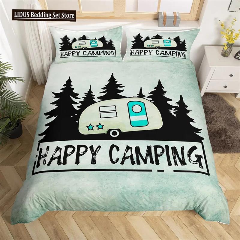Šťastné kempování Povlak na přikrývku Queen Kreslený Karavan Kempingová Ložní souprava Styl Farmy 3D Obal na přikrývku Camper s povlaky na polštáře