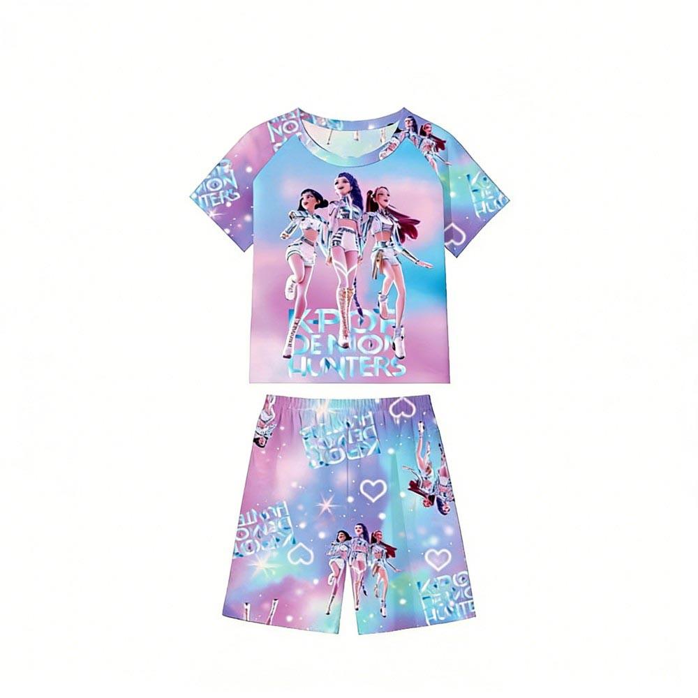 Zomer Kinder Pyjamaset Kpop Demon Hunters Bedrukt Kinder O-hals Korte Mouw Tops Shorts 2 Stuks Zomer Meisjes Casual T-shirt Sets