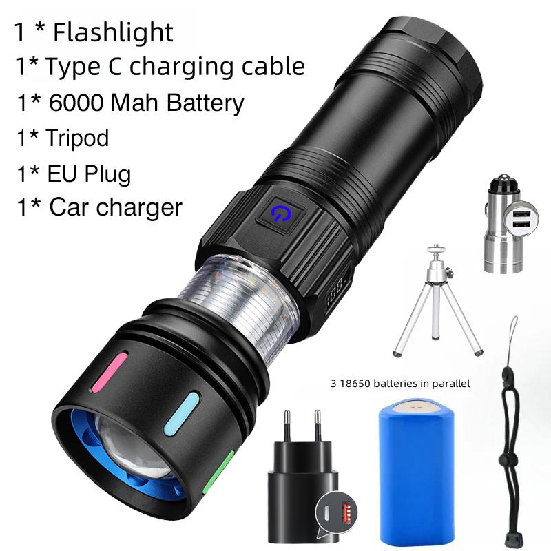 Super Bright 7070 LED Flashlight USB Rechargeable Tactical Zoom Flashlights with Red Yellow White Blue Light Spotlights Torch