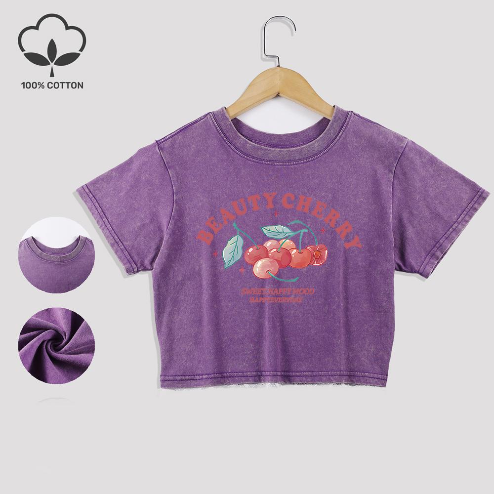 Beauty Cherry Art Letter Prints Cotton Crop Tops Trend Summer Lace Hem Washed T-Shirts Regular Fit O-Neck Tees Casual Clothes