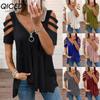 Women's Fashion Casual Solid Color Print Short Sleeve V Neck Blouses & Shirts