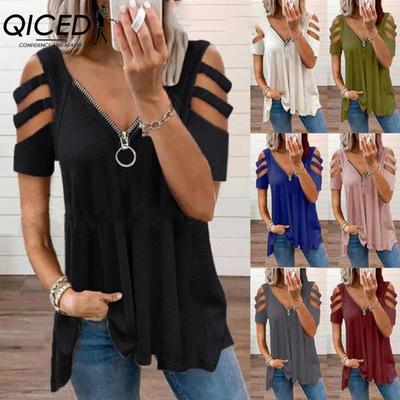 Moda feminina casual cor sólida estampa manga curta blusas e camisas com decote em V