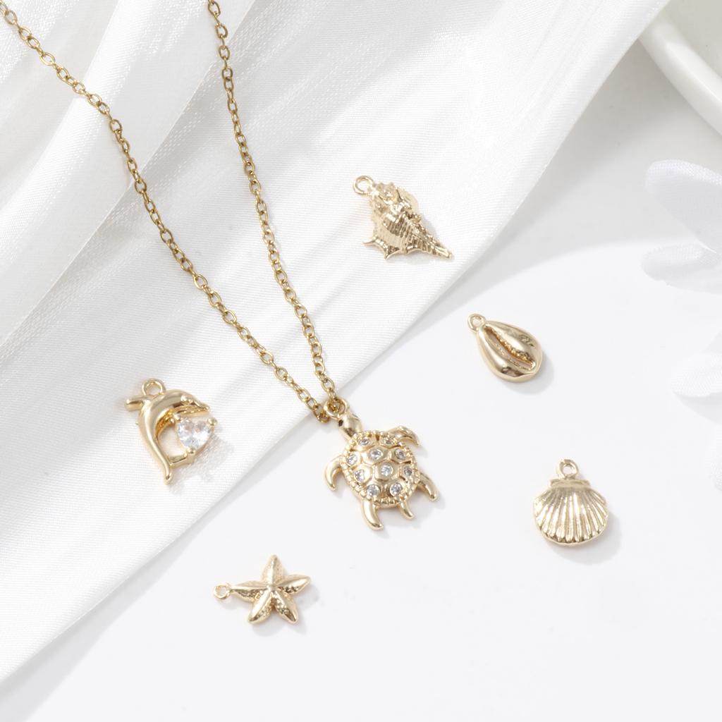 5pcs/set Ocean Shell 3d Brass Charms 18k Gold Plated With Transparent Zircon Marine Brass Pendant Summer Necklace Findings