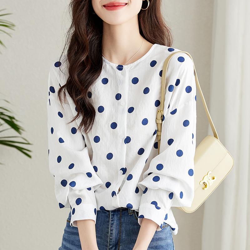 

Женская блузка в горошек с длинным рукавом, весенняя новинка, топ с круглым вырезом L белый