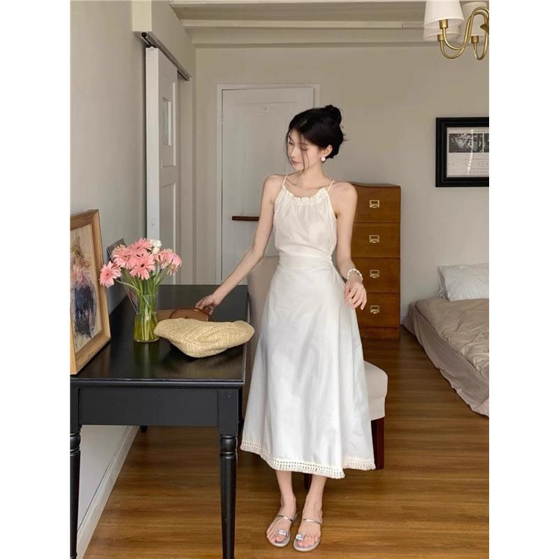 Design Sense Hollow Waist Hanging Neck Suspender Dress Dopamine Lace Up Waist Thin Holiday Su Long Dress