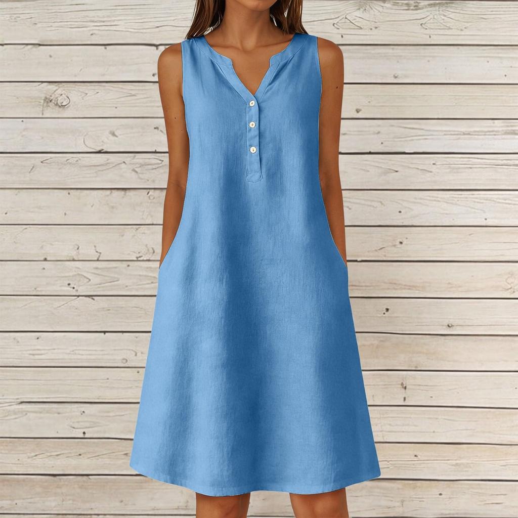 Women's Summer Casual V-neck Button Color Sleeveless Long Dress With Pockets