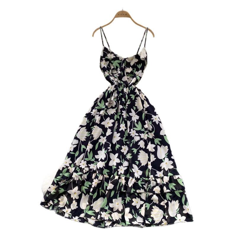 French romantic atmosphere floral suspender dress women's summer waist thin ruffle hem design beautiful long dress
