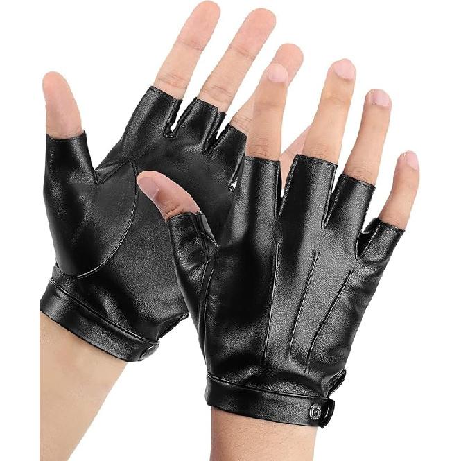 KEMIMOTO Fingerless Driving Gloves PU Faux Leather Outdoor Sport Black Half Finger Glove For Men Women Teens, Black X-Large