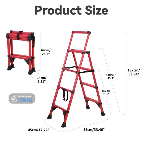 Aluminum Telescoping Ladder, 4 Step Ladder, Foldable Safety Household Ladder with Air Cushion & Anti-Slip Feet, Herringbone Design Ladder for Home